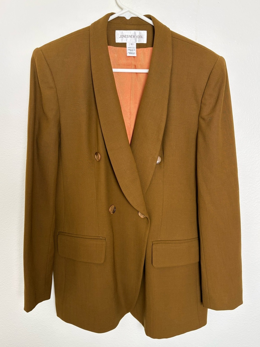 Jones New York 100% Wool Brown Suit Jacket with Rust Orange Lining Size 8
